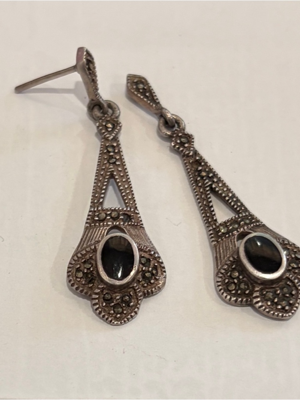 Sterling Silver Marcasite Drop Earrings with Black Onyx - Picture 4 of 4